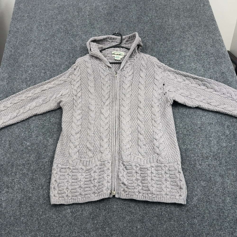 Aran Crafts Sweater Womens M Gray Merino Wool Cable Knit Full Zip Hooded Casual - Picture 1 of 9